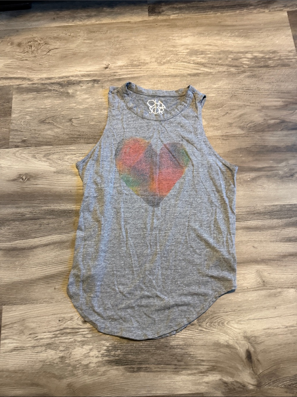 Chaser Gray Scoop-Hem Tank with Faded Multicolor Heart